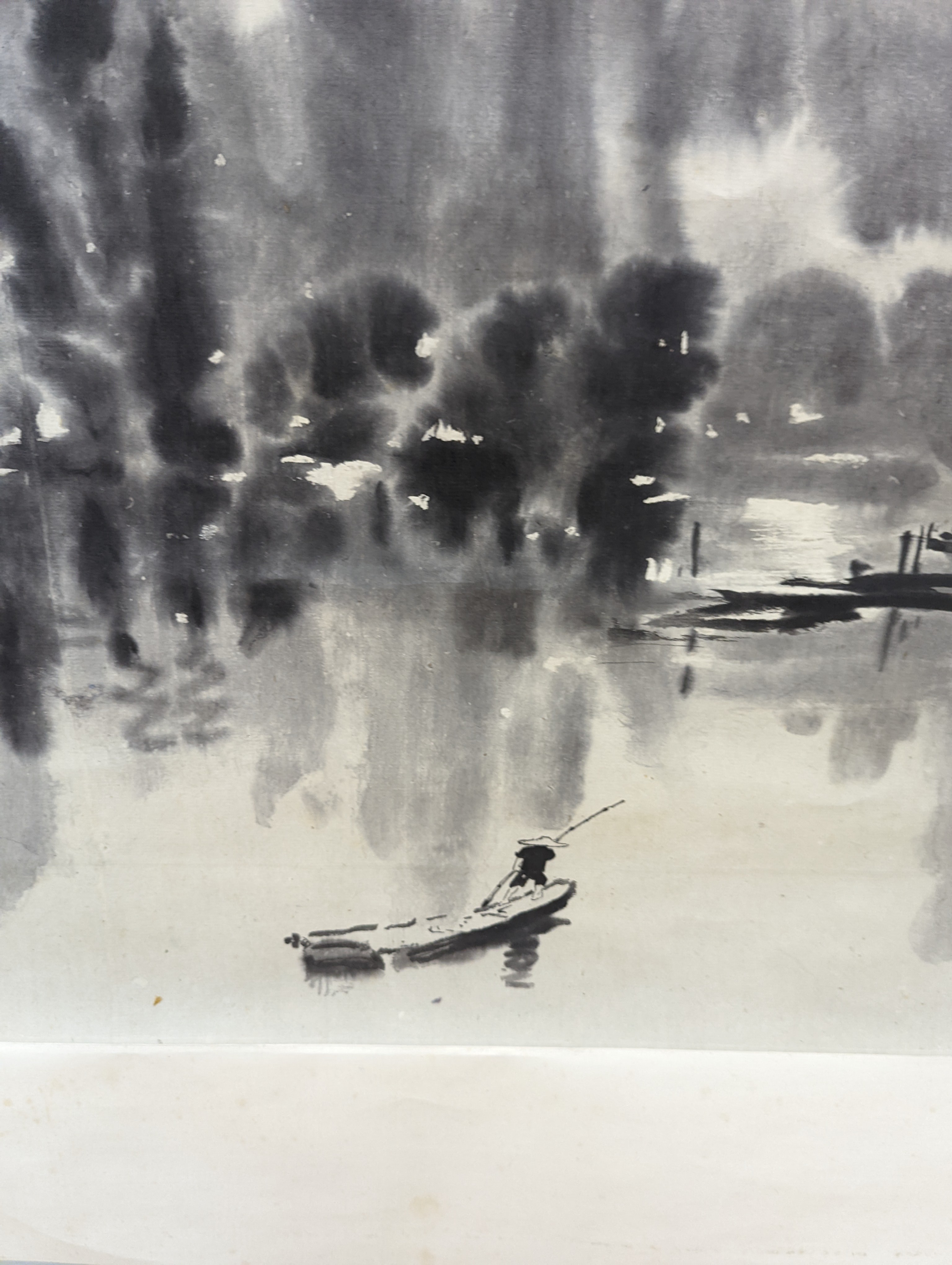 Two mid 20th century Japanese watercolour on paper scroll paintings, Boatman in a landscape, 79.5 x 113cm, and Cormorants on a bank, 103 x 106cm